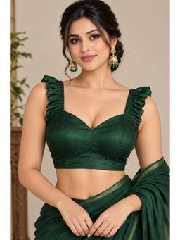 AAKAR - Women’s Dark Green Sweetheart Neck Ruffle Strap Padded Style Saree Blouse