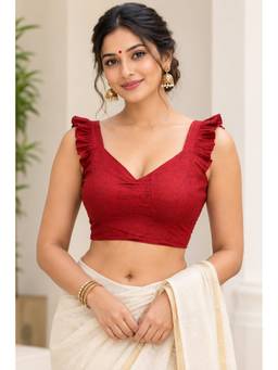 AAKAR - Women’s Red Sweetheart Neck Ruffle Strap Saree Blouse