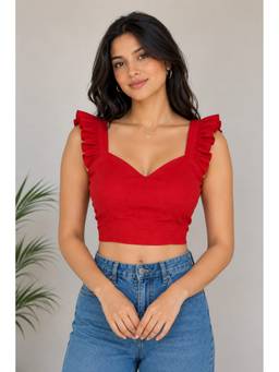 AAKAR - Women’s Red Sweetheart Neck Ruffle Strap Crop Blouse