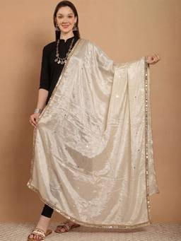 Clora Creation - Cream Mirror Work Silk Blend Dupatta