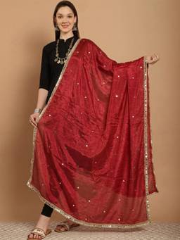 Clora Creation - Maroon Mirror Work Silk Blend Dupatta