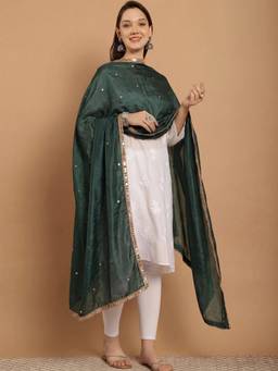 Clora Creation - Bottle Green Mirror Work Silk Blend Dupatta