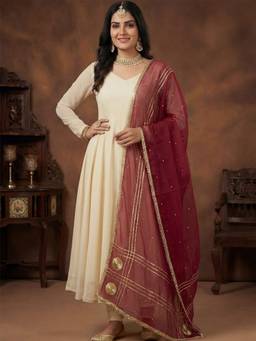 Clora Creation - Maroon Embellished Organza Dupatta