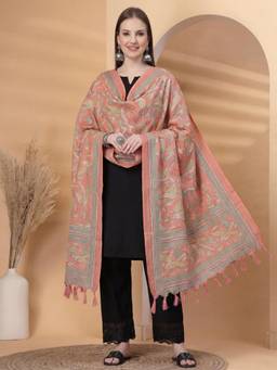 Clora Creation - Peach Floral Printed Silk Blend Dupatta