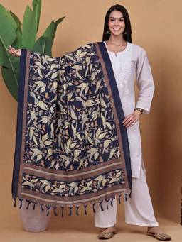 Clora Creation - Navy Blue Floral Printed Silk Blend Dupatta