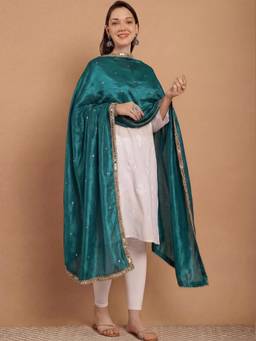 Clora Creation - Rama Green Mirror Work Silk Blend Dupatta