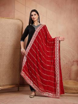Clora Creation - Red Georgette Sequin Leaf Work Bridal Dupatta