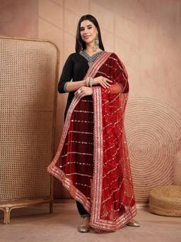 Clora Creation - Red Sequin Embroidered Net Bridal Dupatta