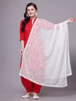 Clora Creation - White Embroidered Chiffon Dupatta