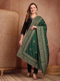 Clora Creation - Bottle Green Zari Embroidered Silk Blend Dupatta