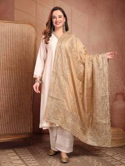 Clora Creation - Beige Zari Stripe Embroidered Silk Blend Dupatta
