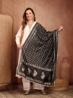 Clora Creation - Black Printed Silk Blend Dupatta with Gotta Work