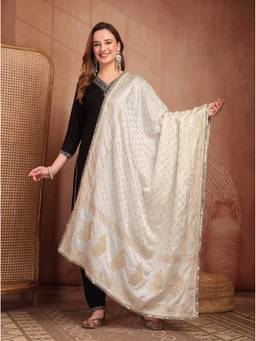 Clora Creation - Cream Printed Silk Blend Dupatta with Gotta Work