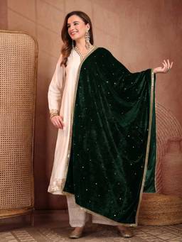 Clora Creation - Bottle Green Mirror Work Embellished Velvet Dupatta