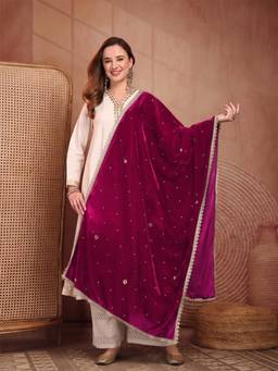 Clora Creation - Dark Magenta Embellished Velvet Dupatta
