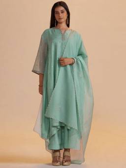 Ganga Fashions - Turquoise Chanderi Embroidered Kurta and Palazzo with Dupatta