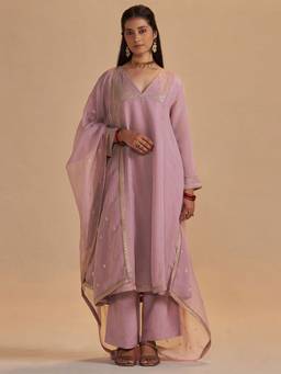 Ganga Fashions - Lavender Woven Embroidered Kurta and Palazzo with Dupatta