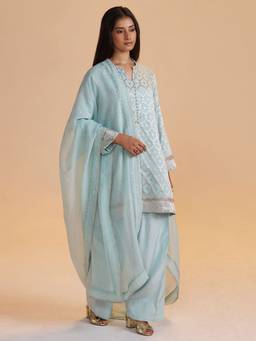 Ganga Fashions - Aqua Banarasi Geometric Kurta and Salwar with Dupatta