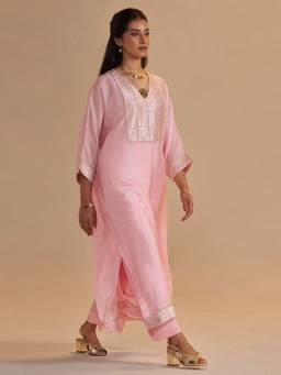 Ganga Fashions - Pink Bemberg Embroidered Kurta and Palazzo with Slip