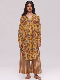 Ganga Fashions - Mustard Cotton Floral Kurta and Palazzo