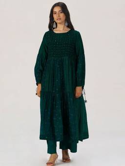 Ganga Fashions - Green Raw Silk Printed Anarkali Kurta and Palazzo with Slip