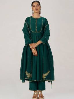 Ganga Fashions - Green Bemberg Embroidered Anarkali Kurta and Palazzo with Dupatta
