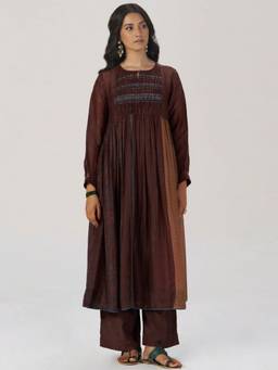 Ganga Fashions - Brown Raw Silk Printed Anarkali Kurta and Palazzo with Slip