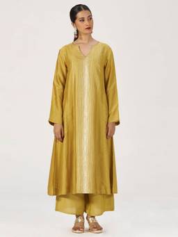 Ganga Fashions - Gold Bemberg Printed Kurta and Palazzo with Slip