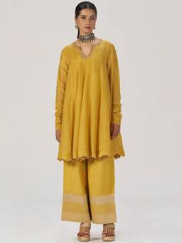 Ganga Fashions - Yellow Bemberg Embroidered Kurta and Palazzo