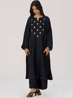 Ganga Fashions - Black Raw Silk Embroidered Kurta and Palazzo