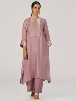 Ganga Fashions - Pink Bemberg Embroidered Kurta and Palazzo with Slip