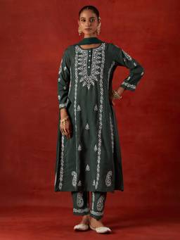 House of Chikankari - Women Green Chikankari Kurta With Pant And Dupatta