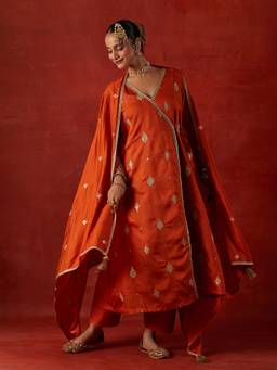 House of Chikankari - Women Orange Embroidered Kurta With Pant And Dupatta