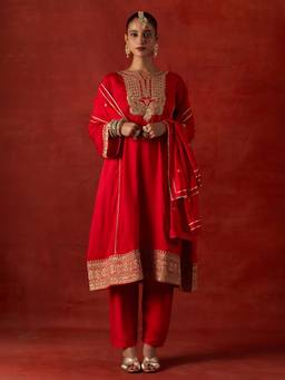 House of Chikankari - Women Red Embroidered Anarkali With Pant And Dupatta