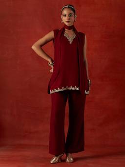 House of Chikankari - Women Maroon Embroidered Kurta With Pant And Dupatta