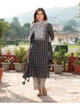 Baisacrafts - Black Printed Kurta and Palazzo with Dupatta