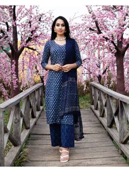 Baisacrafts - Blue Printed Kurta and Palazzo with Dupatta