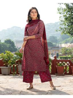 Baisacrafts - Burgundy Printed Kurta and Palazzo with Dupatta