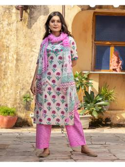 Baisacrafts - Ivory Printed Kurta and Palazzo with Dupatta