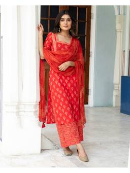 Baisacrafts - Red Printed Kurta and Palazzo with Dupatta