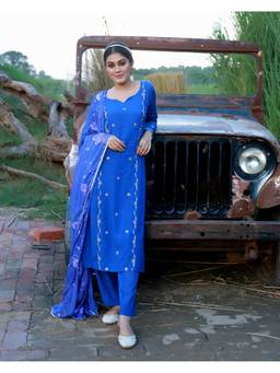 Baisacrafts - Blue Thread Work Kurta and Pant with Dupatta