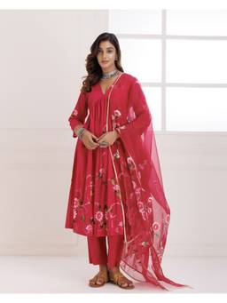 Baisacrafts - Magenta Printed Kurta and Pant with Dupatta