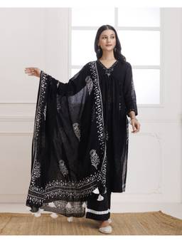 Baisacrafts - Black Printed Kurta and Palazzo with Dupatta