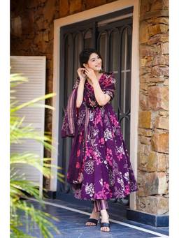MANOJAVA - Purple Printed Regular Anarkali Kurta and Pant