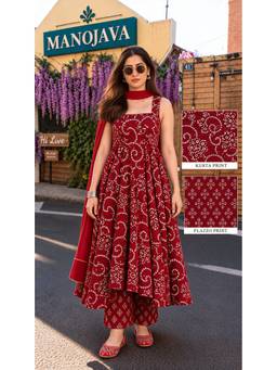 MANOJAVA - Maroon Printed Regular Anarkali Kurta and Pant