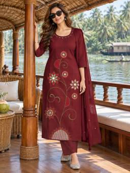 BERRYLICIOUS - Women Maroon Floral Embroidered Straight Kurta With Pant And Dupatta