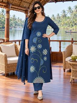 BERRYLICIOUS - Women Navy Blue Floral Embroidered Straight Kurta With Pant And Dupatta