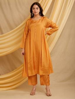 Shri Sanyogini - Cotton Silk Solid Orange Kurta with Palazzo