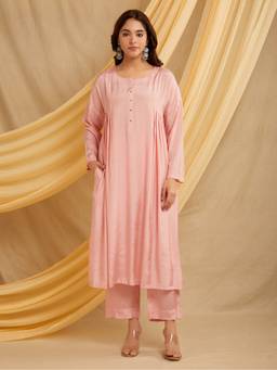 Shri Sanyogini - Cotton Silk Solid Pink Kurta with Palazzo