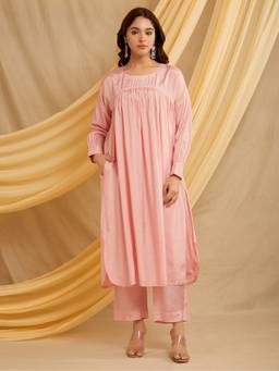 Shri Sanyogini - Cotton Silk Solid Pink Kurta with Palazzo